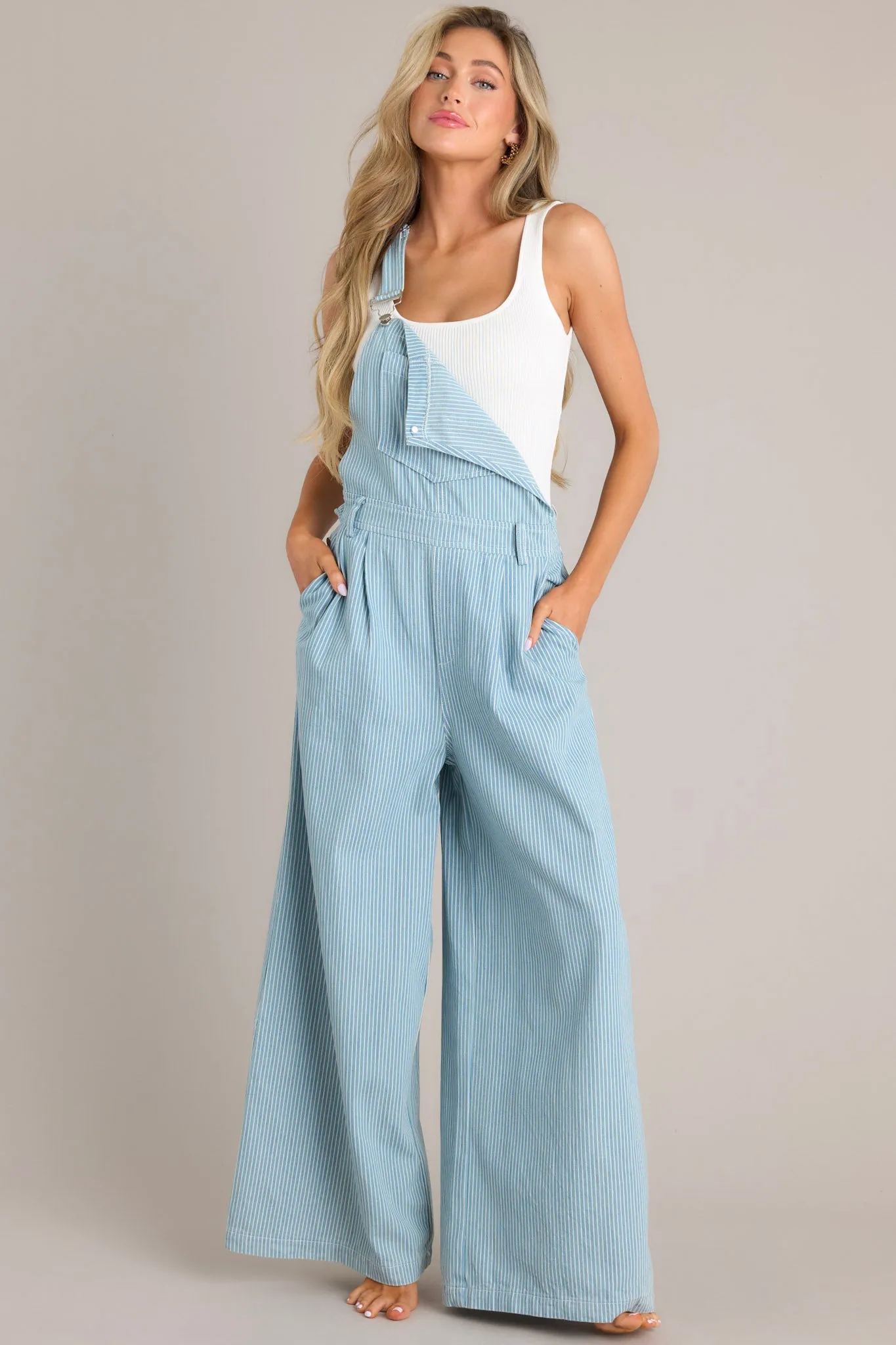 Timid to Tenacious Light Chambray Stripe Overalls