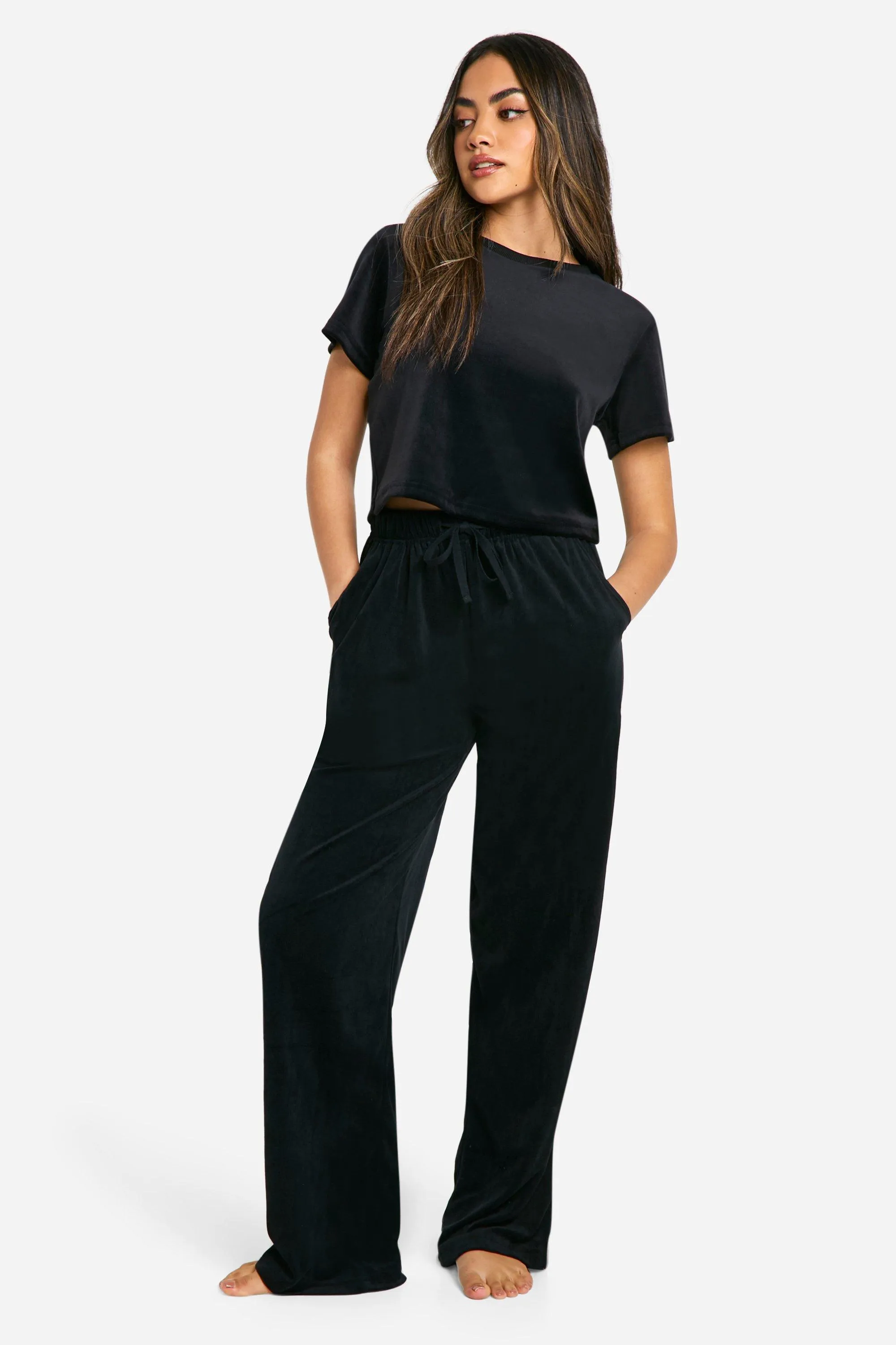 Velour Baby Tee And Wide Leg Pants Set