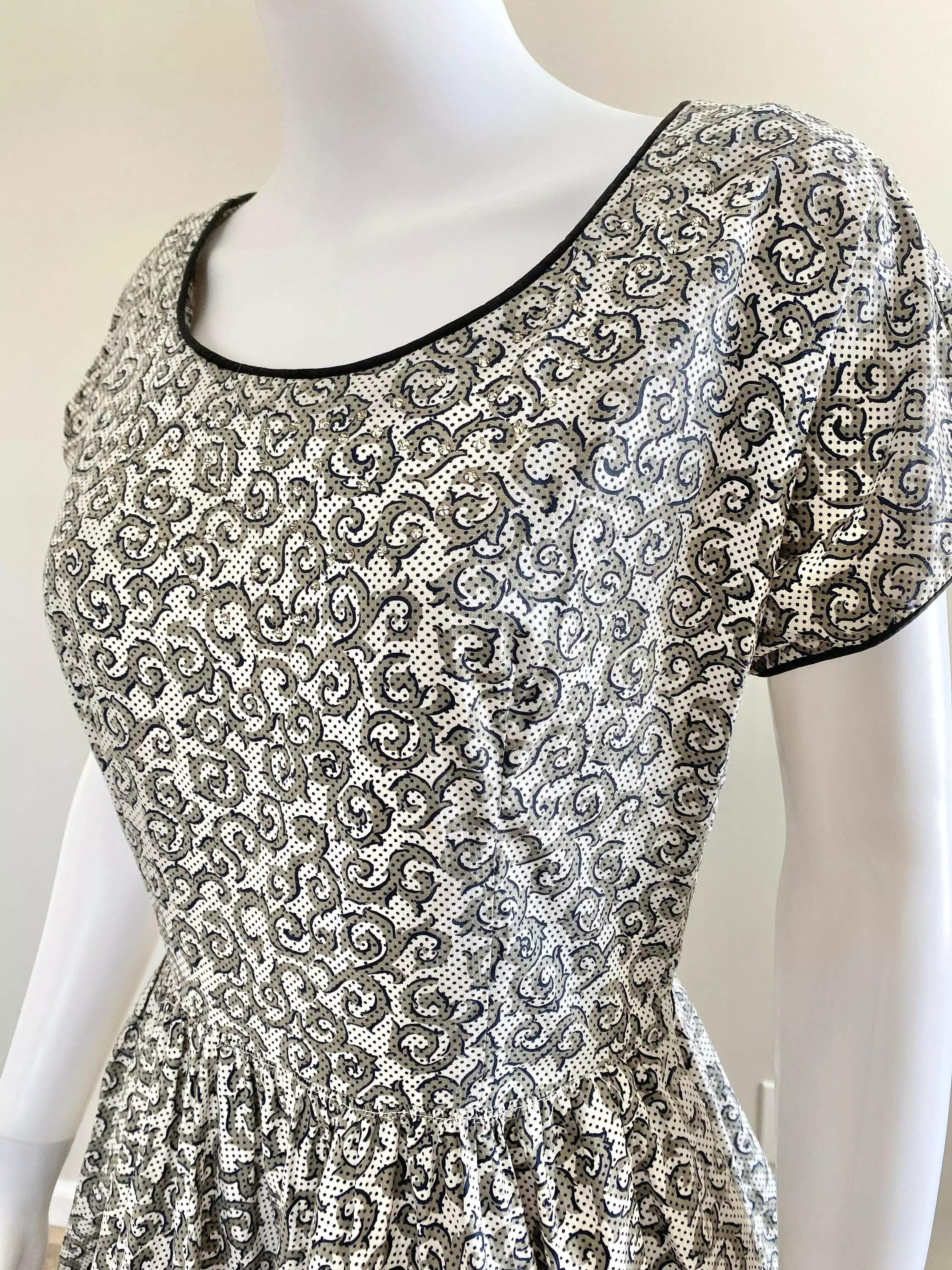 Vintage 1950s Black and White Cotton Day Dress with Rhinestones / 50s retro polka dot fit and flare casual dress with pockets / 