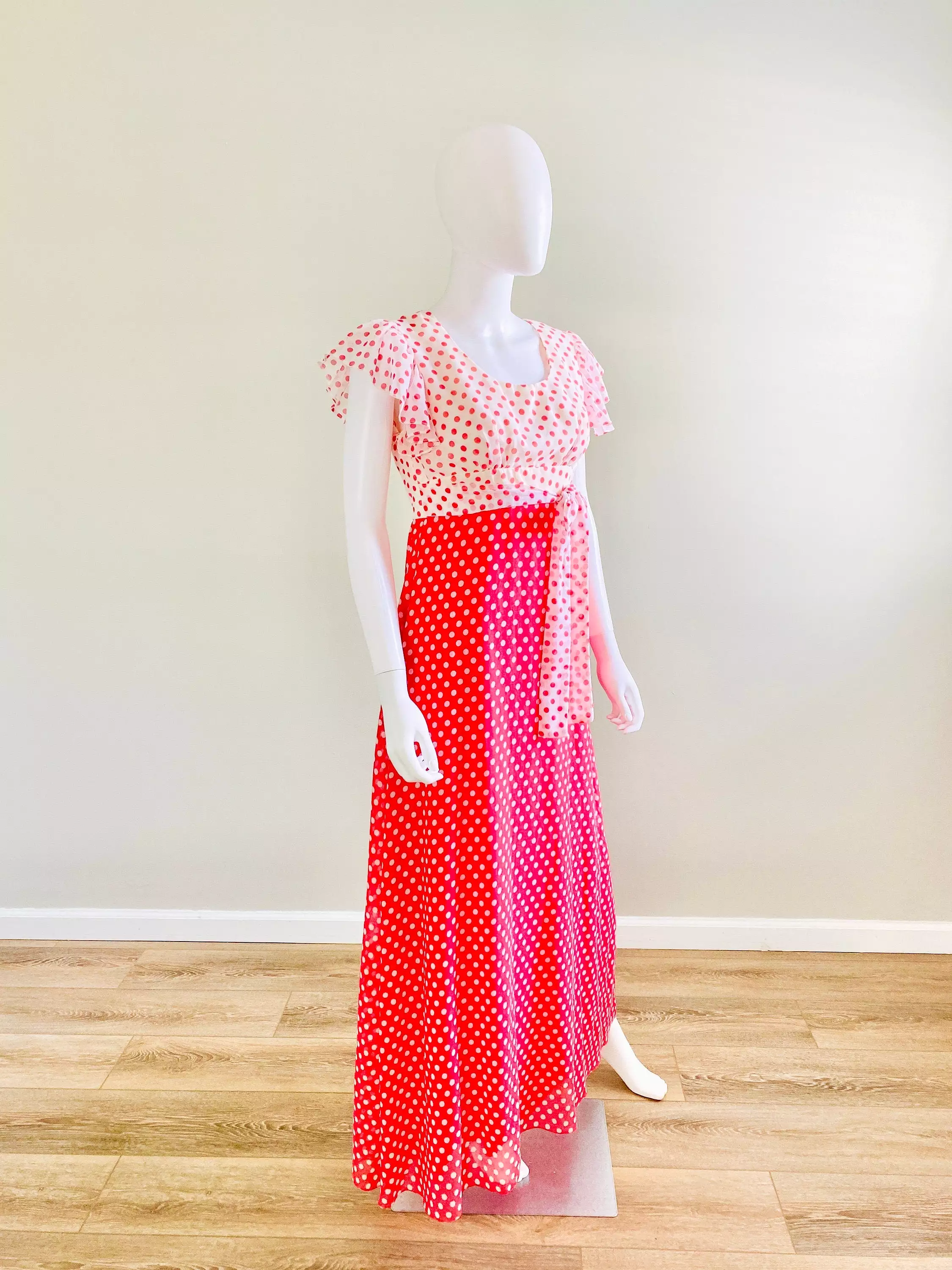 Vintage 1970s Red Polka Dot Maxi Dress / 70s does 1930s party dress / prom dress / size S