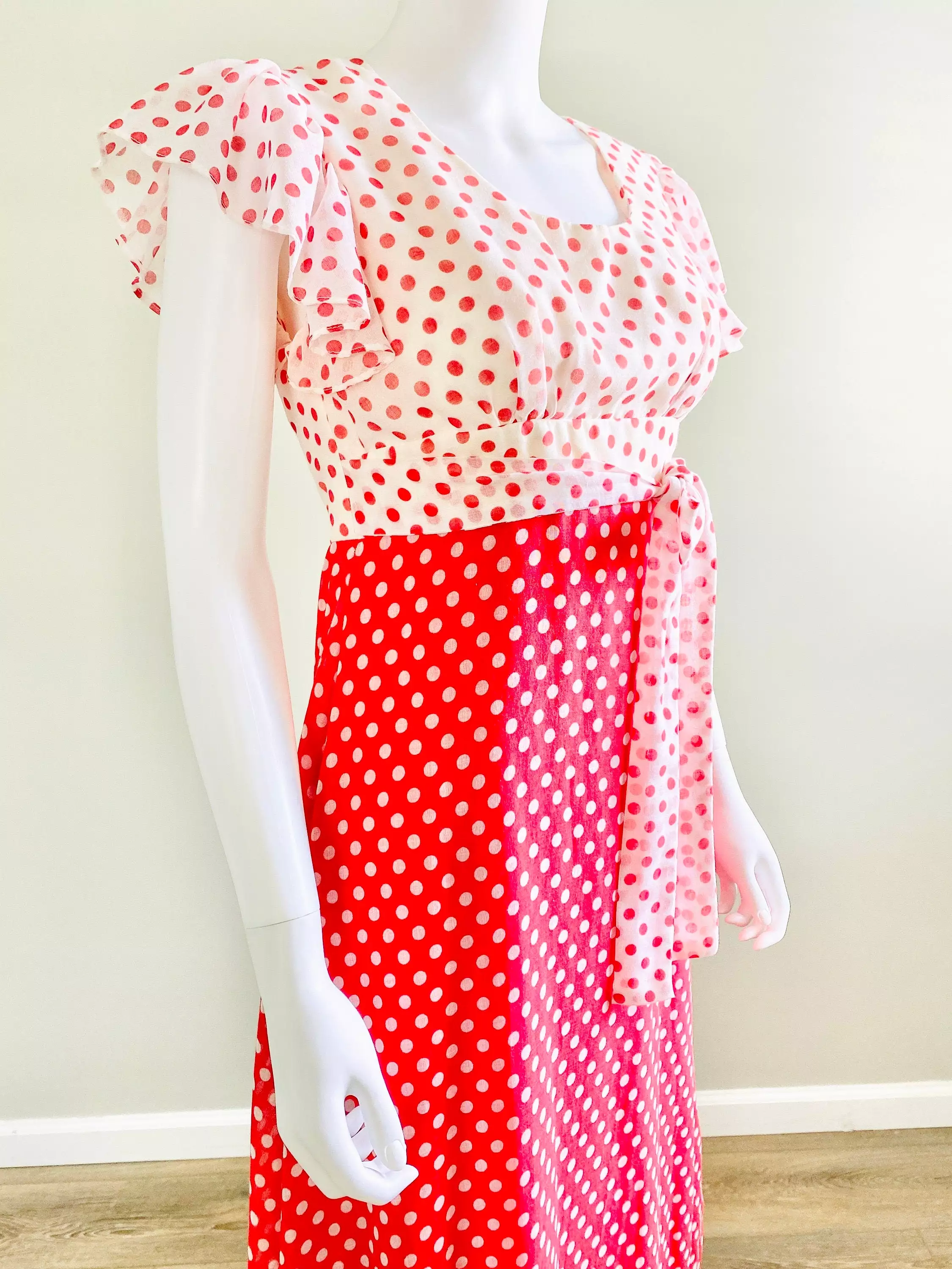 Vintage 1970s Red Polka Dot Maxi Dress / 70s does 1930s party dress / prom dress / size S