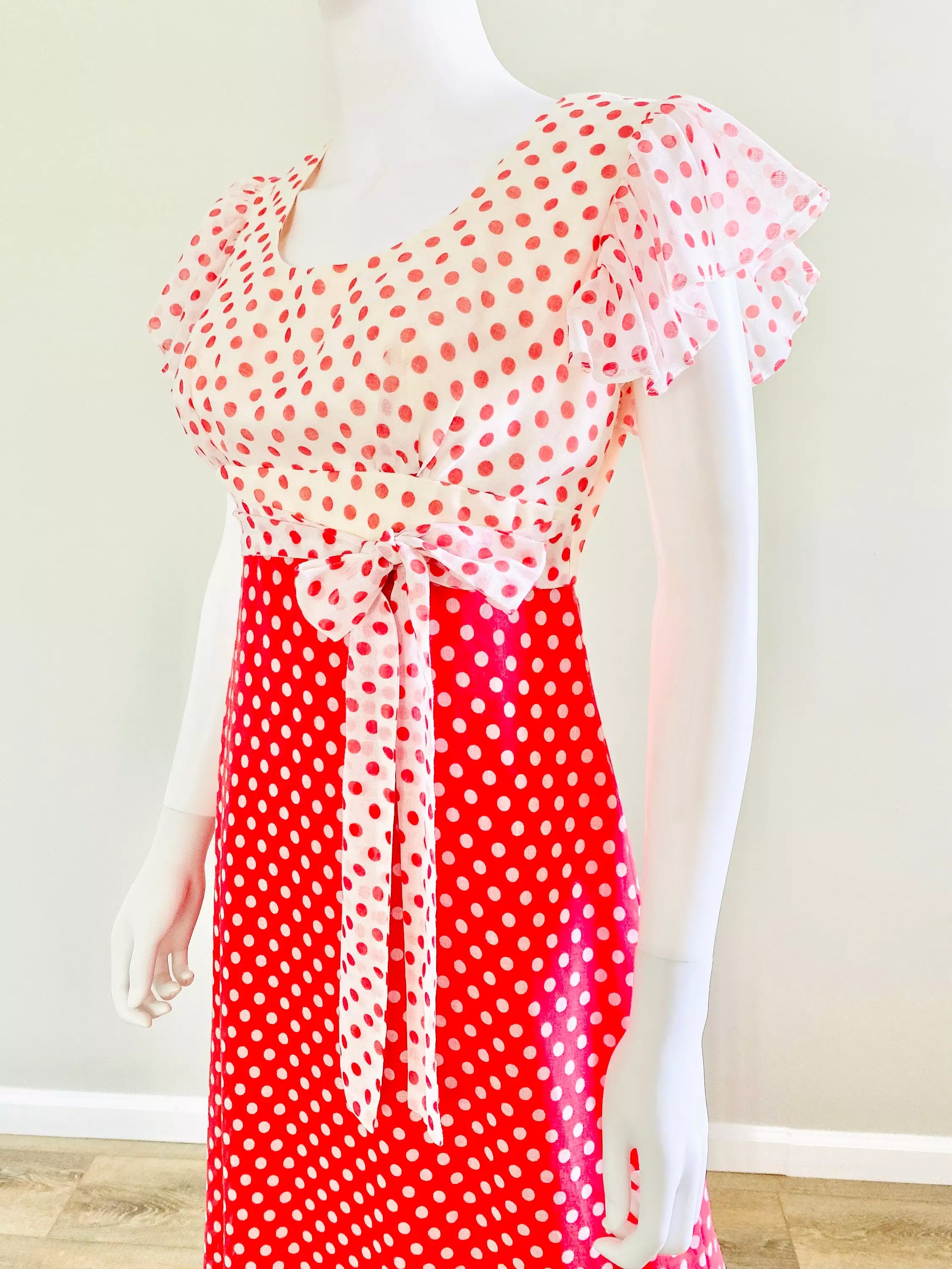 Vintage 1970s Red Polka Dot Maxi Dress / 70s does 1930s party dress / prom dress / size S