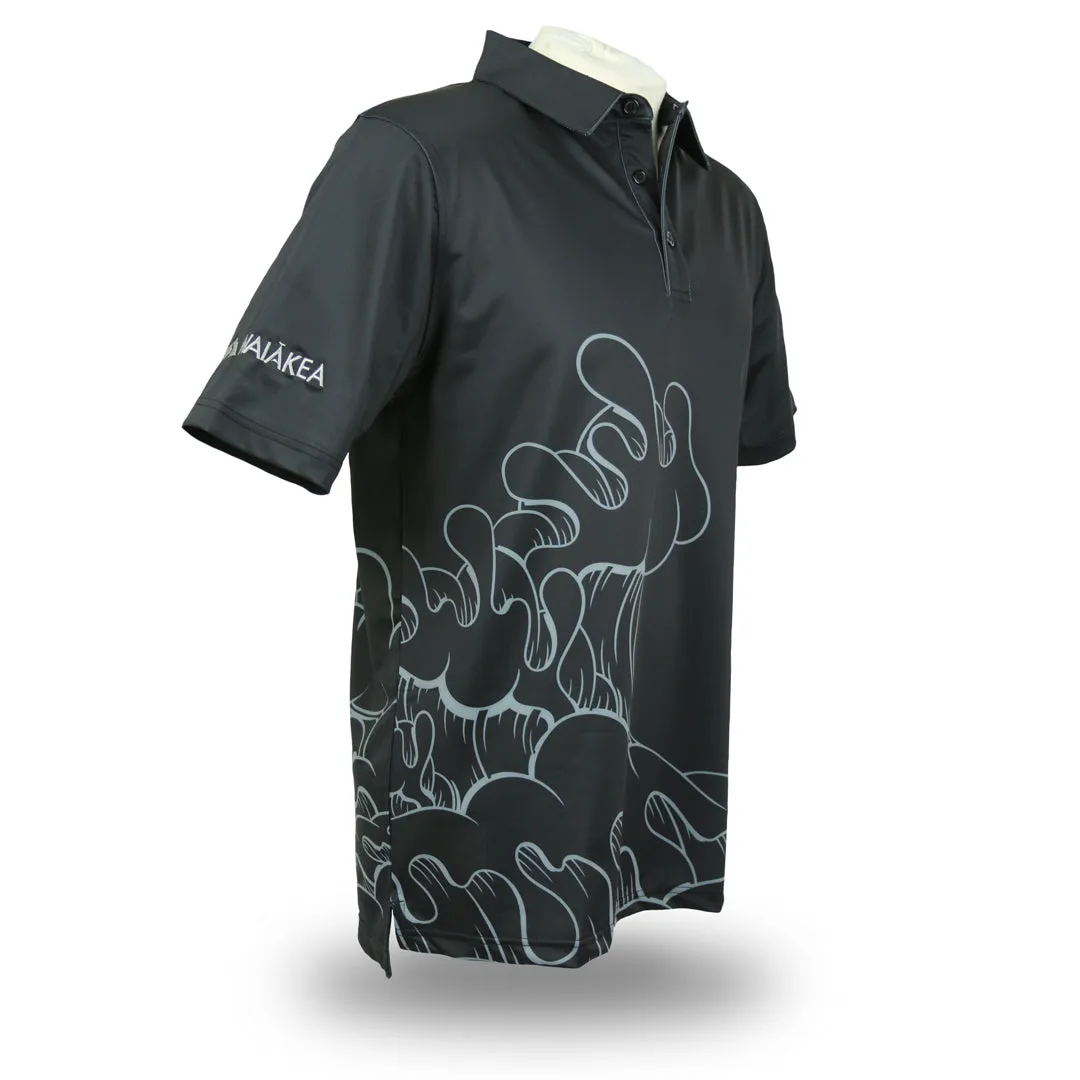 Waiakea Obsidian Waves - OGA X Waiakea Water X Aaron Kai Collab Men's Polo - Obsidian Black