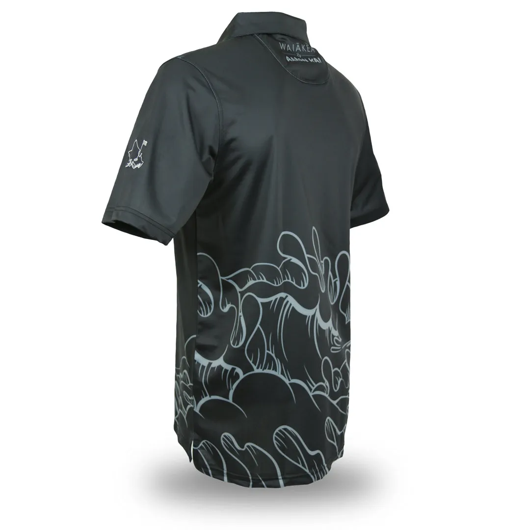 Waiakea Obsidian Waves - OGA X Waiakea Water X Aaron Kai Collab Men's Polo - Obsidian Black