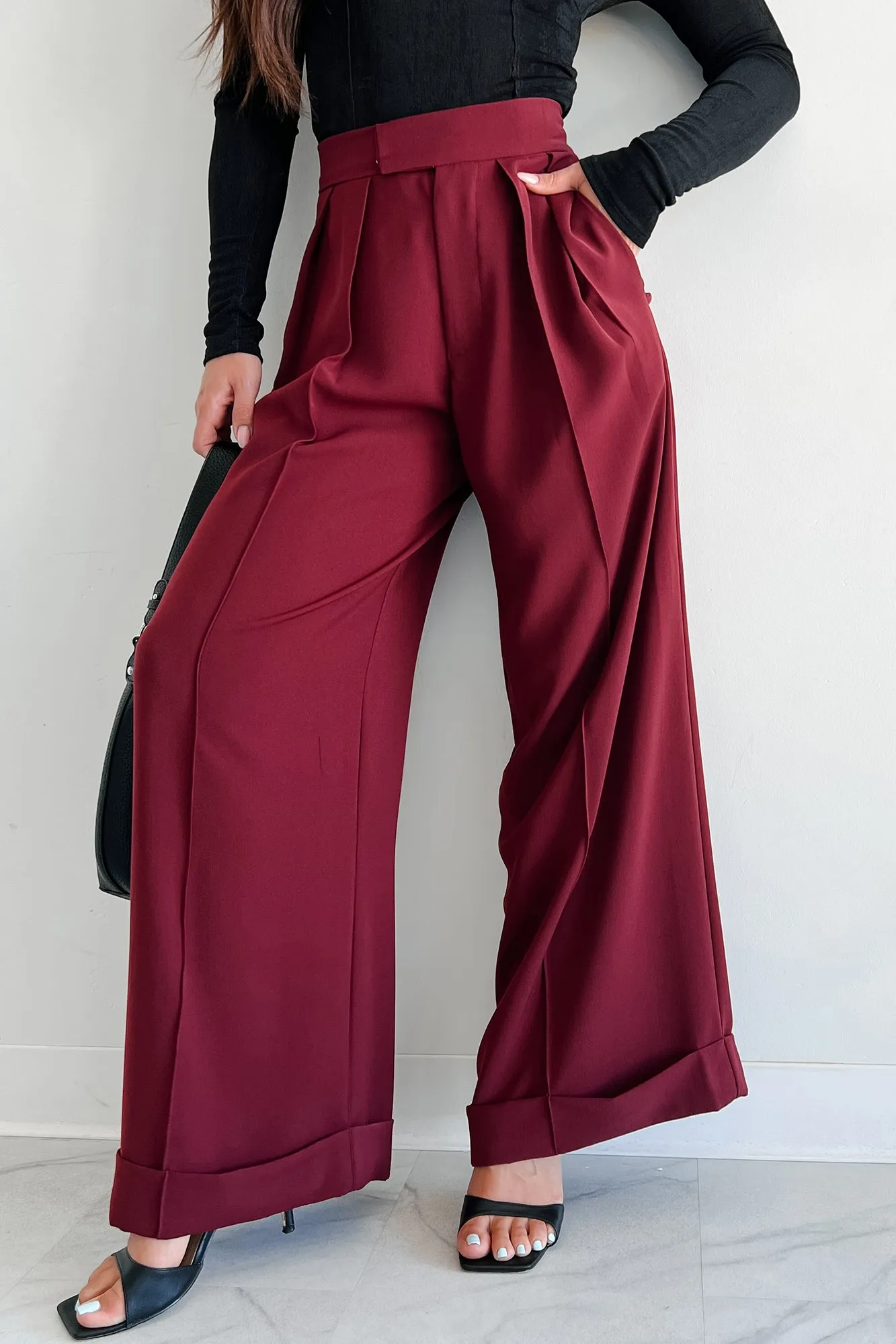 Wall Street Wanna Be Pleated Wide Leg Pants (Wine)