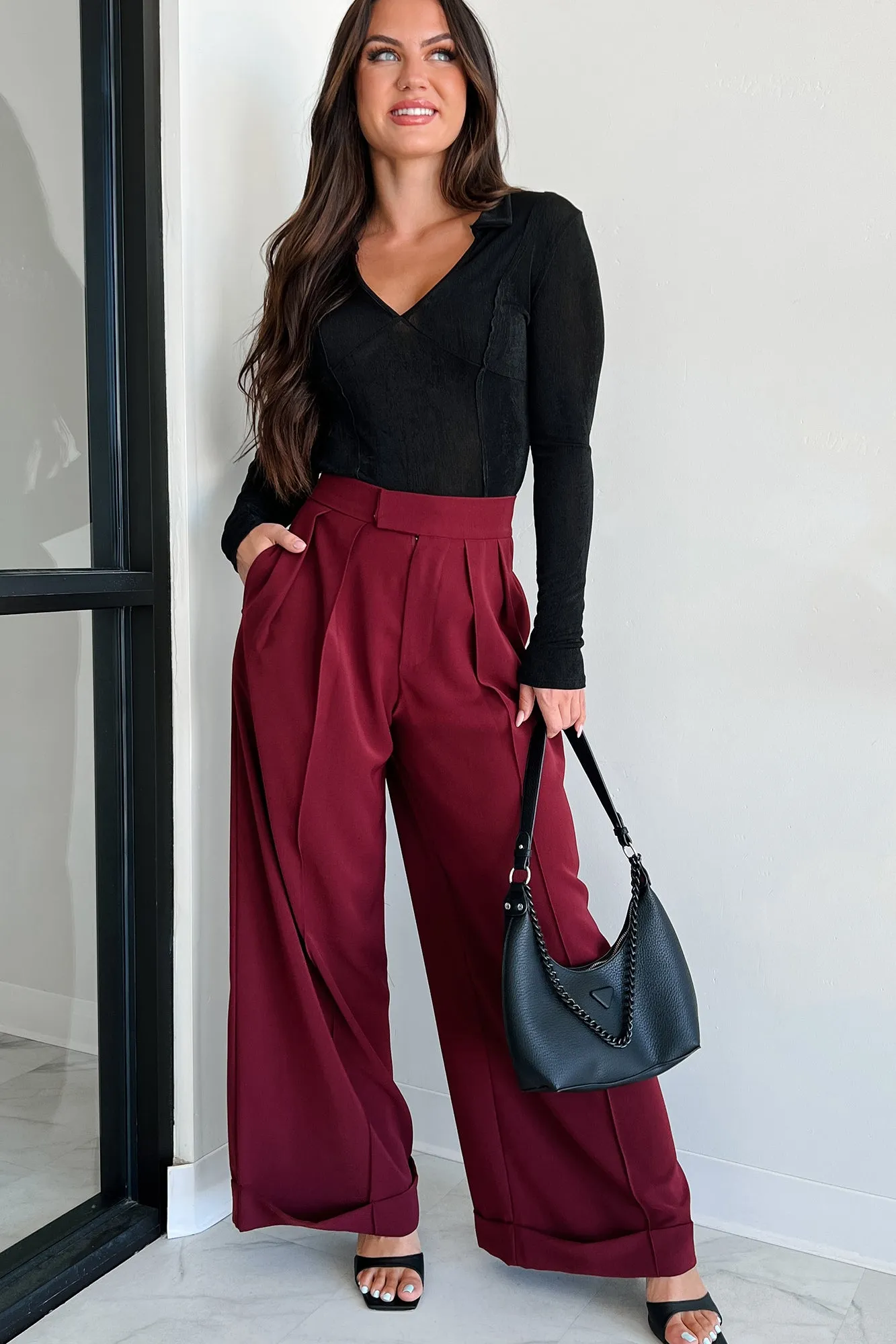 Wall Street Wanna Be Pleated Wide Leg Pants (Wine)