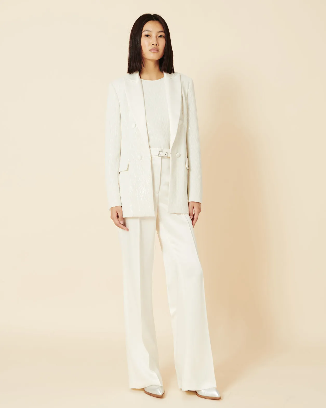 Wide Straight Leg Pants in Wool Satin