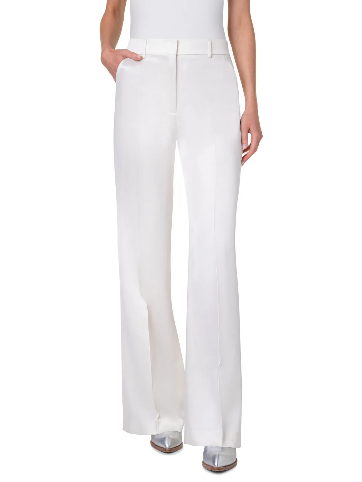 Wide Straight Leg Pants in Wool Satin