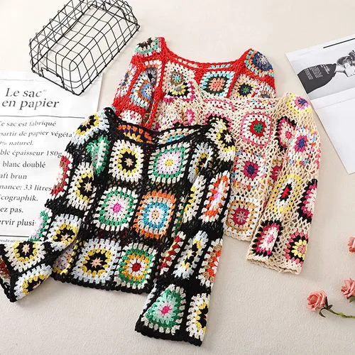 Women's Peasant Blouse Long Sleeve Sweaters & Cardigans Hollow Out Ethnic Style Geometric