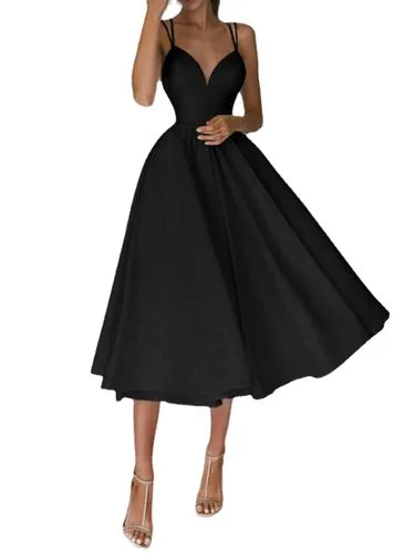 Women's Strap Dress Sexy Sleeveless Solid Color Midi Dress Banquet