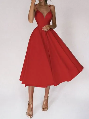 Women's Strap Dress Sexy Sleeveless Solid Color Midi Dress Banquet