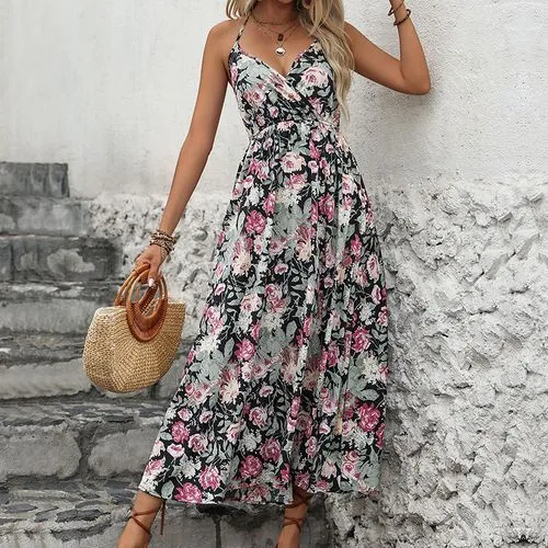 Women's Strap Dress Swing Dress Elegant Sexy V Neck Printing Sleeveless Flower Midi Dress Holiday Daily