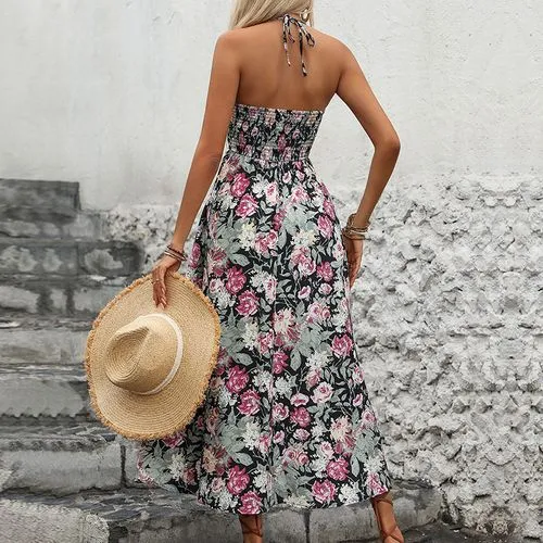 Women's Strap Dress Swing Dress Elegant Sexy V Neck Printing Sleeveless Flower Midi Dress Holiday Daily