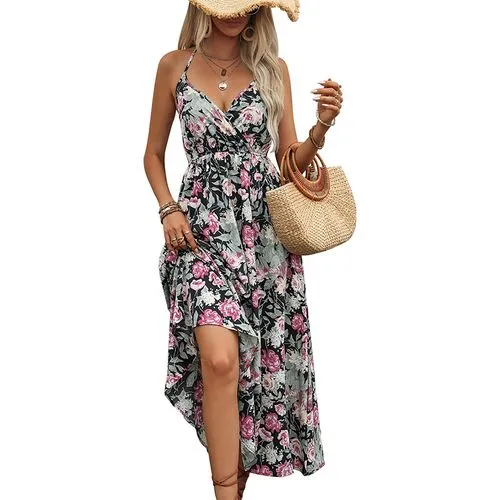 Women's Strap Dress Swing Dress Elegant Sexy V Neck Printing Sleeveless Flower Midi Dress Holiday Daily