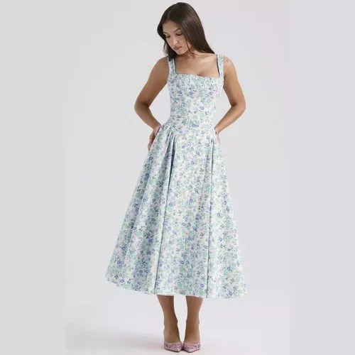 Women's Swing Dress Floral Dress Elegant Pastoral Boat Neck Strap Printing Backless Sleeveless Ditsy Floral Midi Dress Holid