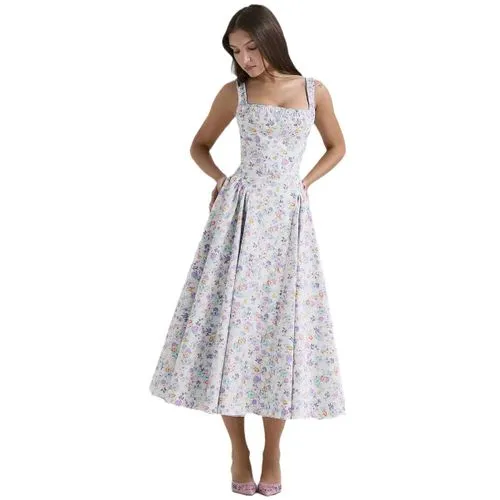 Women's Swing Dress Floral Dress Elegant Pastoral Boat Neck Strap Printing Backless Sleeveless Ditsy Floral Midi Dress Holid