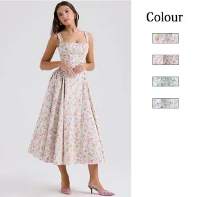 Women's Swing Dress Floral Dress Elegant Pastoral Boat Neck Strap Printing Backless Sleeveless Ditsy Floral Midi Dress Holid